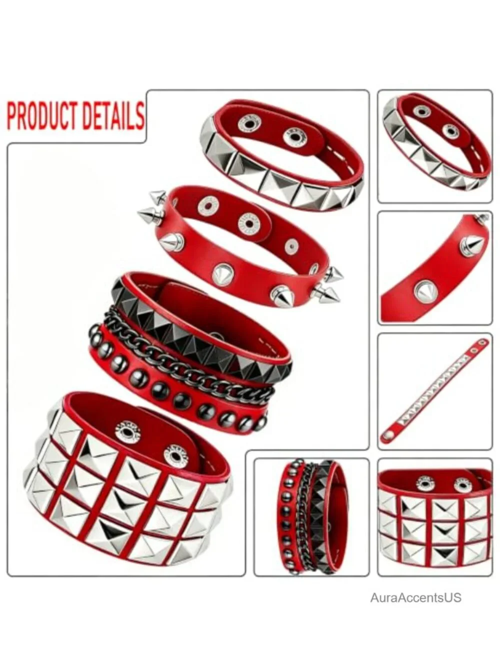 4PC Faux Leather Wrap Bracelets Punk Studded Wrist Cuff Unisex